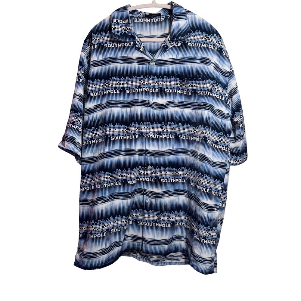 Southpole Button Up Shirt Mens Large Blue Logo‎ Print Y2K Streetwear
